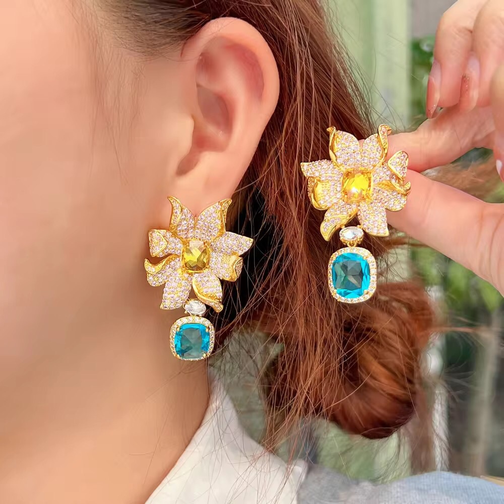 Elegant Gold and Blue Floral Earrings